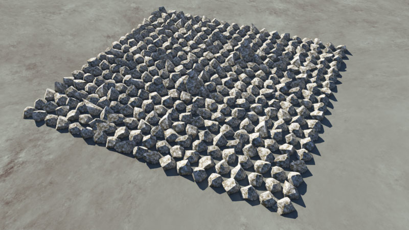 Rendered image of rock population. Rock object has been surfaced with a power fractal shader.