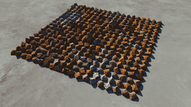 Tint settings and diffuse colour multiplier applied to rock populations. Rock has been surfaced with a power fractal.