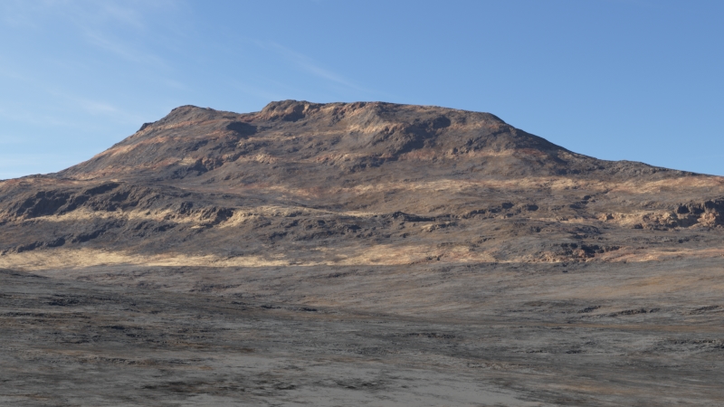 Render showing the effect of the mask created with the Y to scalar node network as additional texture detail to the mountain landscape.