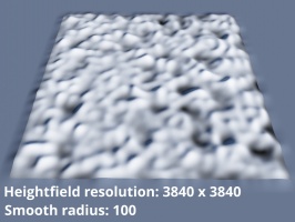 Heightfield resolution 3840 x 3840. Smooth radius = 100