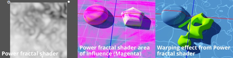 The effect of a Power fractal shader assigned as the warper. In this example, the blue grid-like texture has been assigned to the Main input of the green polygon Simple shape in order to better visualize the warping effect.
