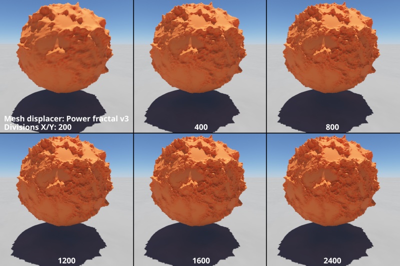 Poly sphere mesh displaced by Power fractal v3 shader. As the object’s divisions are increased and more polygons are available for displacement, the finer displacement details begin to emerge.