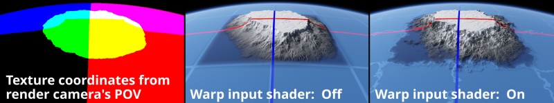 The texture coordinates as seen from the render camera’s point of view, followed by the unwarped landscape, and then the result of warping via a Power fractal shader. Note that the red and dark blue axis lines are not affected by the warp as they are located downstream from the Warp input node.