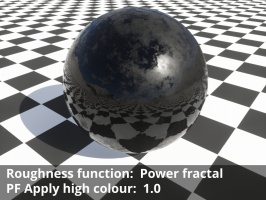 Power fractal shader assigned to Roughness function. Apply high colour = 1.0