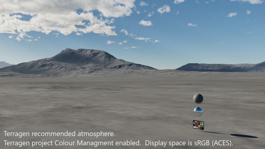 Terragen recommended atmosphere. Terragen project Colour Management enabled. Display space is sRGB(ACES).