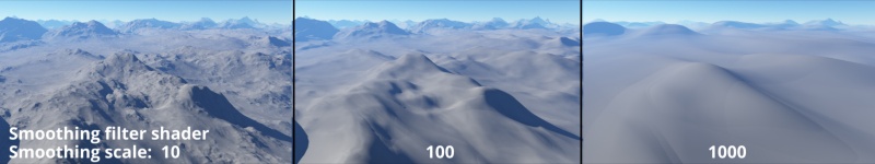 The Smoothing scale setting on Smoothing filter shaders downstream from the Power fractal shader limits the feature size generated by the Power fractal shader.