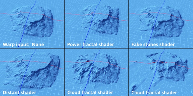 Various shaders assigned as the Warper to illustrate the many ways in which the texture coordinates can be manipulated. Note that the red and dark blue axis lines are not affected by the warp as they are located downstream from the Warp input node.