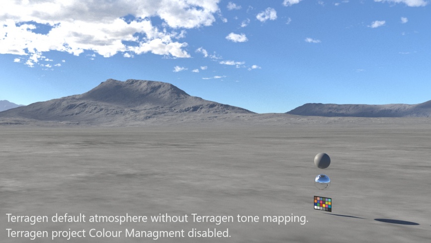 Terragen default atmosphere with Terragen tone mapping. Terragen project Colour Management disabled.