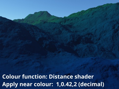 In this example, a Distance shader provides a gradient between white (1.0) at its Apply far colour value and pink (sRGB decimal equivalent of 1,0.42,2.0) at its Apply near colour value. When multiplied with the Apply colour’s green values the result is a green to blue gradient.