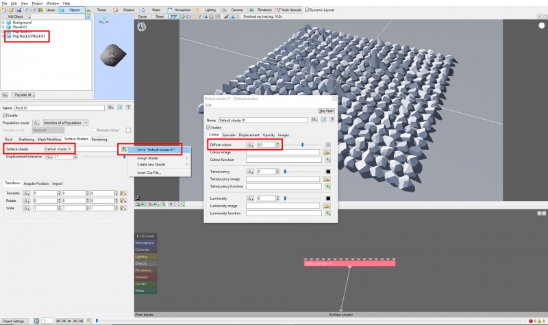 The rock object's surface shader. The Diffuse colour is set to 0.5.
