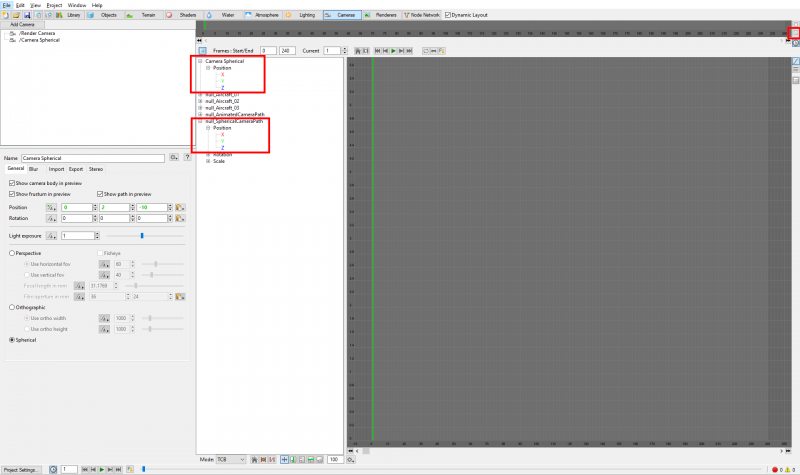 Expose the animation channels for the spherical camera and imported null object.
