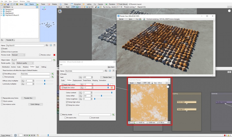 Tint settings applied to rock population. Rock has been surfaced with a power fractal shader.