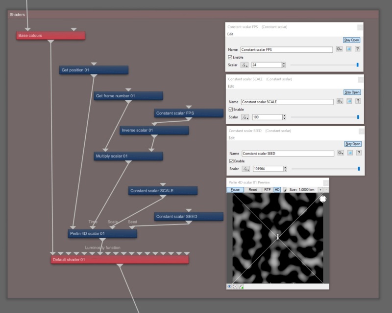 Node Network view of Perlin 4D Scalar with required node for position in texture space, and optional nodes to drive scale and seed values. In this example, the frame number is converted to time, then assigned to the Time paramater.