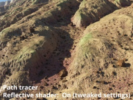 Path tracer with Reflective shader. Reflectivity = 0.16, IOR = 2.0, Specular highlight model = GGX, Specular roughness = 0.16.