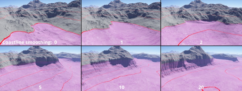 Coastline altitude = -100. Coastline smoothing from 0 - 40.