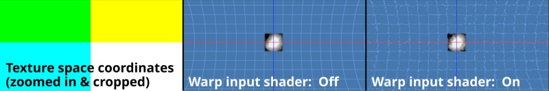 A closer view of the texture coordinates being warped by a Power fractal shader assigned to the Warp input shader. Note that the red and dark blue axis lines are not affected by the warp as they are located downstream from the Warp input node.