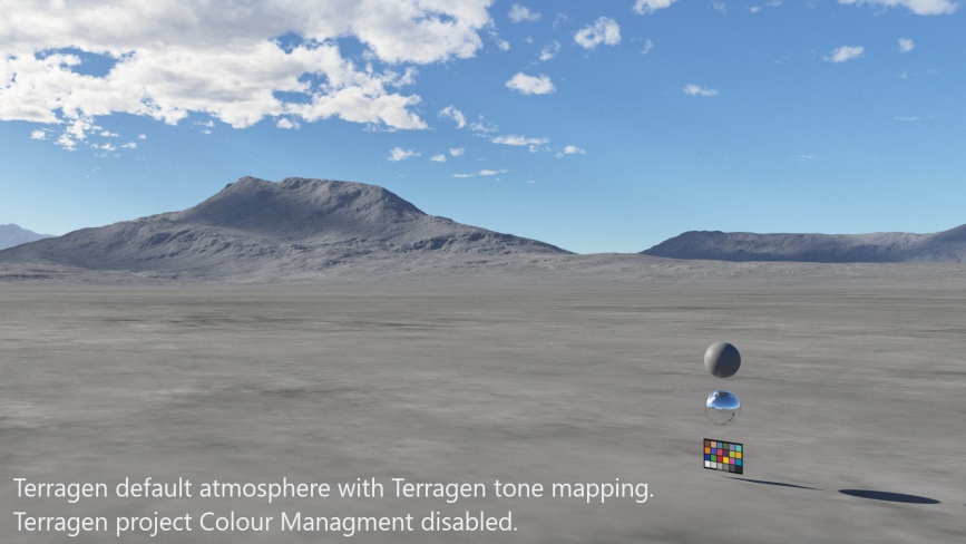 Terragen default atmosphere with Terragen tone mapping. Terragen project Colour Management disabled.