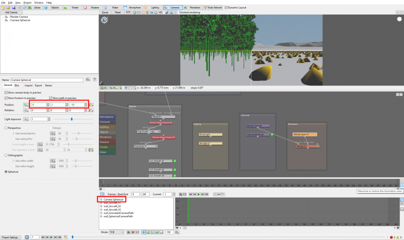 Now that keyframes have been created for the spherical camera, it shows up in the Animation pane.