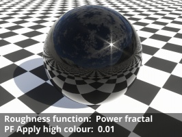 Power fractal shader assigned to Roughness function. Apply high colour = 0.01