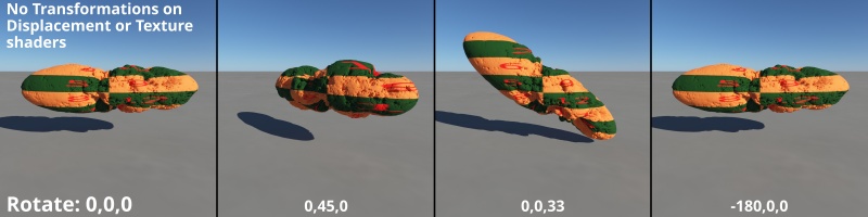 Examples of various Rotate values on each axis, without a Transform shader. Note how the texture and displacement do not stick to the Sphere geometry.