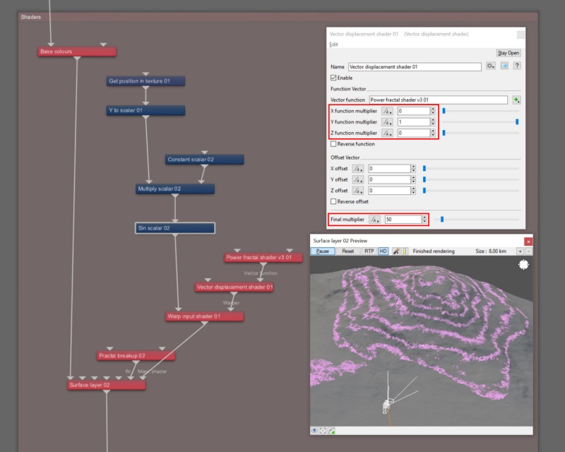 A Power fractal shader, Vector displacement shader, and a warping shader node are used to create more interesting and organic shapes from the straight rows.