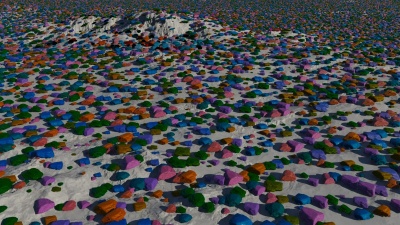 Colour of instanced rocks modified by the Choice: Direction: X vector ("Right"), normalized