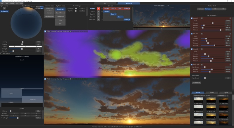 Brush strokes painted with the Cloud Add tool appear green. Strokes painted with the Cloud Remove tool are coloured purple.
