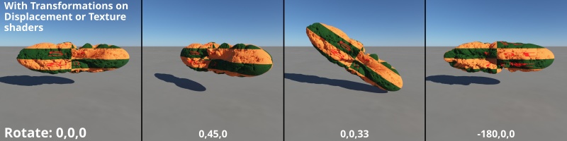 Examples of various Rotate values on each axis, with a Transform shader also applied downstream from its Surface shader node. Note how the texture and displacement stick to the Sphere geometry.