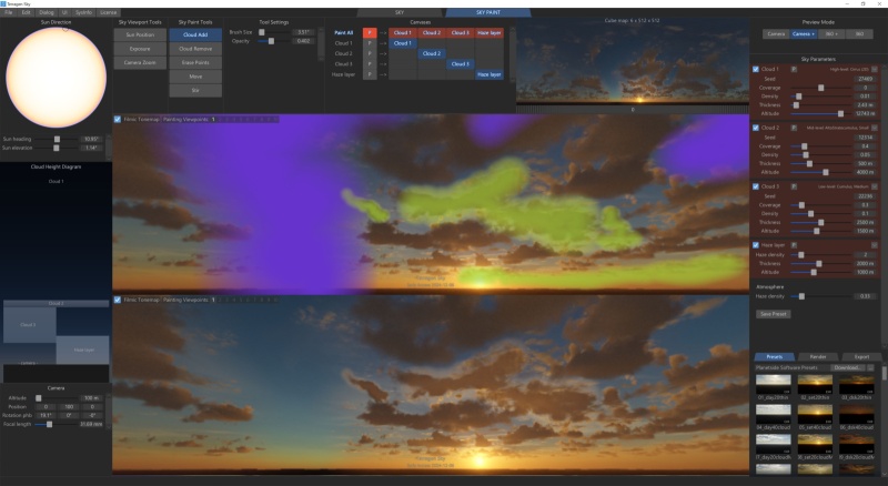 Brush strokes painted with the Cloud Add tool appear green. Strokes painted with the Cloud Remove tool are coloured purple.