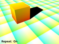 The Visualise tex coords node applied to ground and uv mapped cube object. Repeat checked.