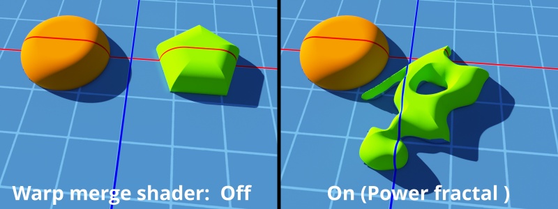 The green polygon shape is a Simple shape shader assigned to the Warp merge shader’s Shader input and a Power fractal shader has been fed into a Vector displacement node and assigned as the Warper input. This warps the shape of the green polygon, while leaving the rest of the terrain features untouched.