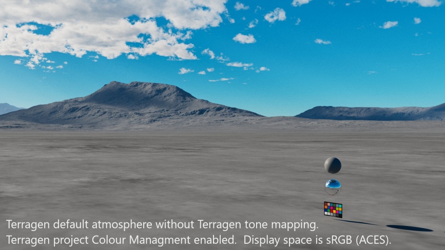 Terragen default atmosphere without Terragen tone mapping. Terragen project Colour Management enabled. Display space is sRGB(ACES).